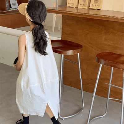 夏 韓国風 マキシ ガール ロングスカート フリル ノースリープ シフトドレス ワンピース ワンピ 7-15