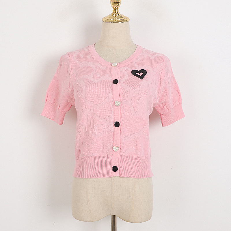 ニットTシャツ　ハートボタン　夏セーター　ショートニット　半袖　韓国ファッション
