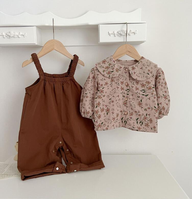 2023 秋新作 韓国版 女の赤ちゃん 花柄のシャツ  サロペット 洋風  セット 子供服