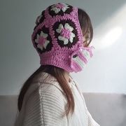 花柄ニット帽子　バラクラバフードウォーマー 　レディース帽子　韓国ファッション　秋冬　全8色