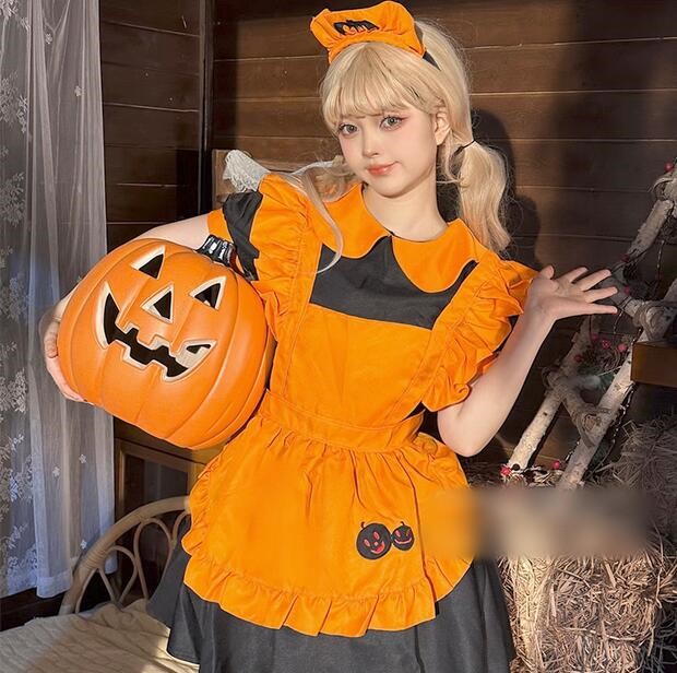 ハロウィン ロールプレイング メイド服 カボチャ色 レディース ヒップ