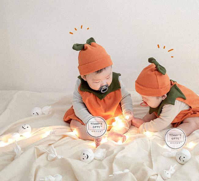 2023新入荷　ハロウィン かぼちゃ ロンパース 衣装帽子 2点セット 子供 コスプレ