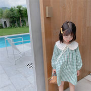 韓国子供服子供服春女の子ワンピース子供服プリンセススカートハスの葉の襟チェックスカート
