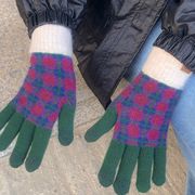 ニット手袋　チェック柄　かわいい　秋冬　レディース　韓国ファッション　デザイン　4colors