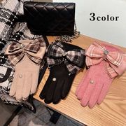 リボン手袋　レディース　チェック柄　韓国ファッション　デザイン　秋冬　全3色