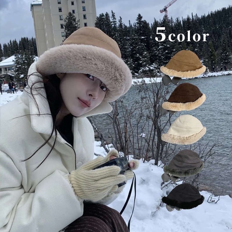 ファー帽子　バケットハット　もこもこ　レディース　韓国ファッション　デザイン　秋冬　5colors