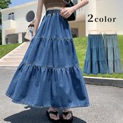 ロングスカート　デニムスカート　フレアスカート　着痩せ　韓国ファッション　2colors　