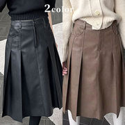 PUロングスカート　プリーツスカート　秋冬　レディース　韓国ファッション　2colors