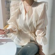 新作 トップス ブラウス シャツ Vネック シフォンシャツ フリル 韓国ファッション レディース