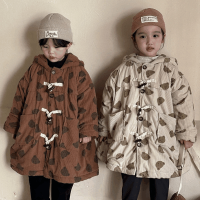 秋冬 ナチュラル系 韓国風子供服 ロングコート フード付 熊 コーデュロイ上着 裏ボア裏起毛 80-150