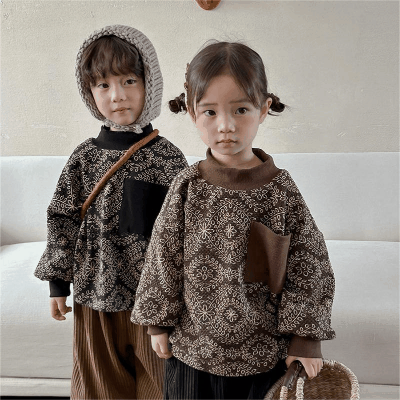 秋冬 ユニセックス ナチュラル系 韓国風子供服 裏ボア裏起毛 フーディ プルオーバー 花柄上着 80-140