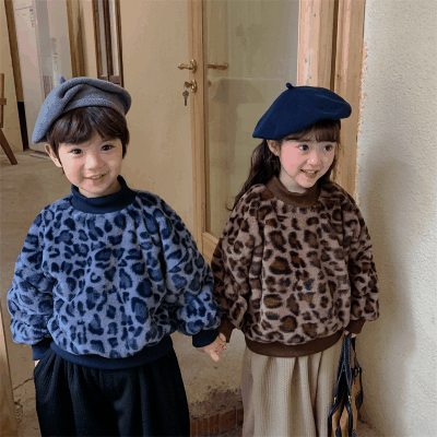 秋冬 ユニセックス ナチュラル系 韓国風子供服 ボア 裏起毛 ヒョウ柄 フーディ プルオーバー上着 80-140