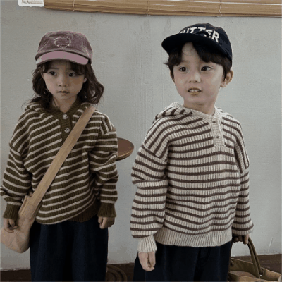 秋冬 ユニセックス 韓国風子供服 ニット セーター ボーダー柄 プルオーバー フード付上着 80-140