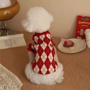 犬服 赤と白のチェック柄 ニットセーター  猫服 ドッグウェア セーター 冬  洋服 ペット服