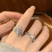 韓国ファッション     星の指輪   多層リング   シルバージルコンリング  フリーサイズのリング