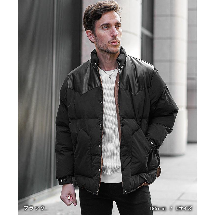 アウター】フェイクレザー ヨーク切り替え 中綿スタンドジャケット