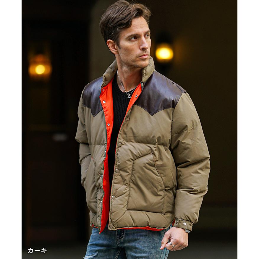 アウター】フェイクレザー ヨーク切り替え 中綿スタンドジャケット