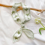グリーン花スキニースカーフ　126*6.5cm　多用途　ヘアスカーフ　バッグスカーフ
