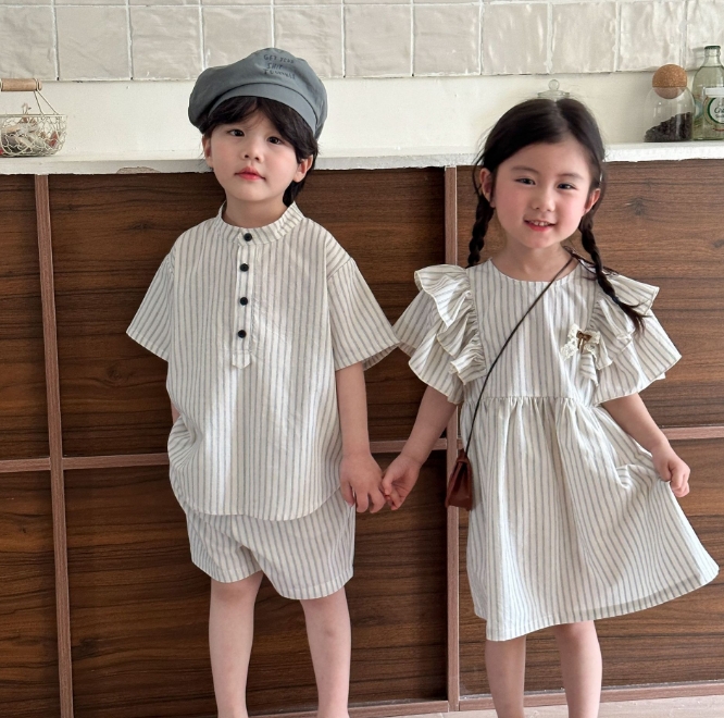 ins 韓国風子供服  ベビー服   ストライプ   シャツ+ショートパンツ セット  ワンピース 兄妹服