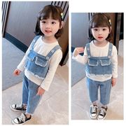 韓国子供服 3点セット 女の子 幼児 セットアップ 上下セット 春服 秋服 Tシャツ+ベスト+ジーンズ