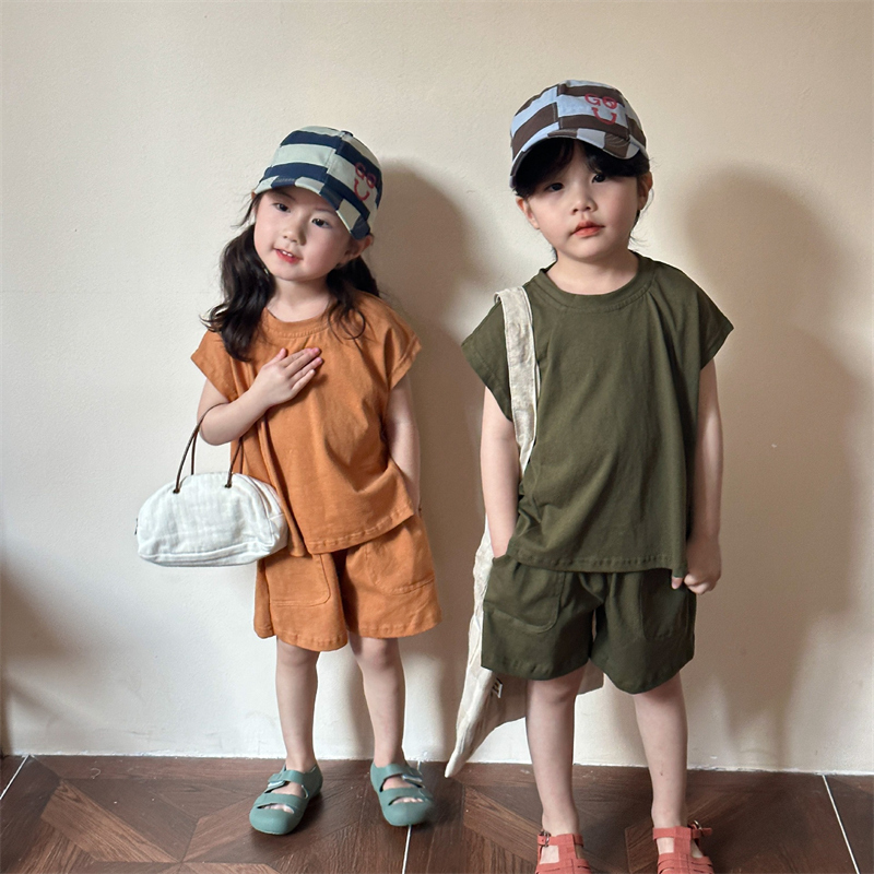 韓国風 夏子供服 男の子 女の子 純綿 ルーズトップス ショートパンツ スーツ