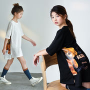 2024新作 韓国の子供服 クマのプリント 半袖Tシャツ 女の子 ルーズ ロングスリットTシャツドレス
