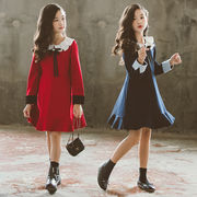 女の子、長袖ドレス、秋の新しいスタイル、韓国の子供用スカート、無地、フリル