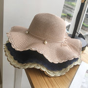 女性用帽子、夏用麦わら帽子、波状のつば、カジュアル、ビーチ帽子、UV保護、日よけ帽