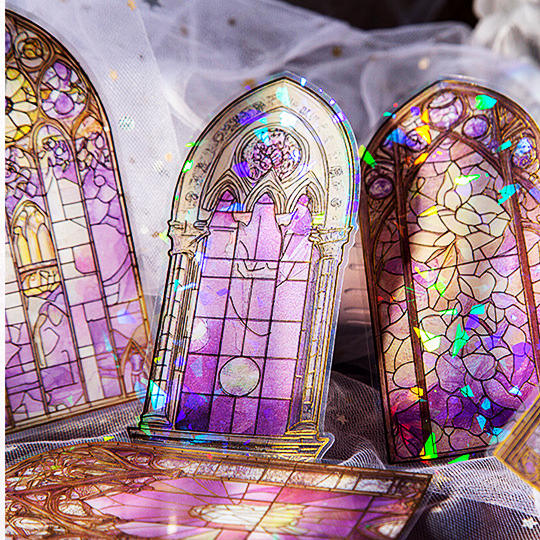 ステンドグラス コラージュ シール 箔押し 縦120mm 大きめ