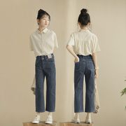 2024新品 中大女の子 半袖 綿シャツ 子供服 高品質 ロングスタイル ジーンズ 婦人服 身長130-170cm