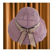 ハット レディース つば広 帽子 透かし編み ニット 女性用 リボン 帽子 つば広ハット 透かし編み