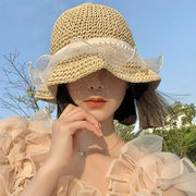 2色 編みこみのレース麦わら帽子 女性 韓国のファッション 日よけ帽 バケットハット
