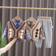 春と秋のニューボーイズセーターベストレトロシャツファッションスリーピースセット