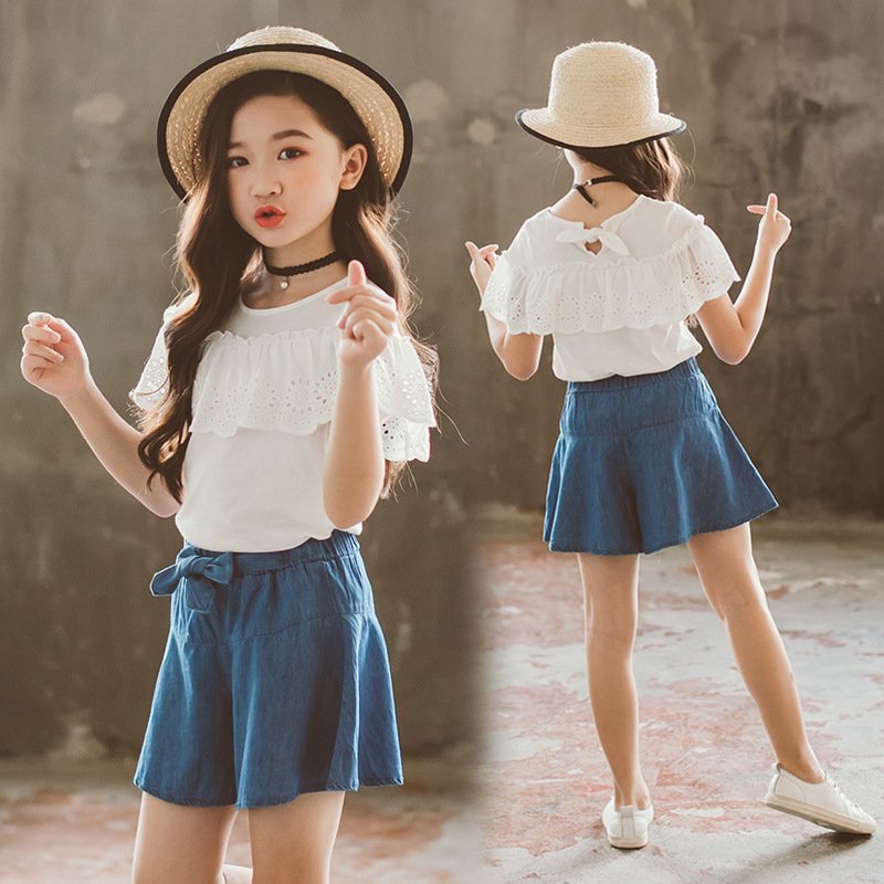 韓国子供服 ２点セット キュロット 白Tシャツ カジュアル ナチュラル 夏 ジーンズ デニム半ズボン