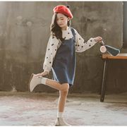 韓国子供服 セットアップ 春秋 カジュアル ナチュラル Tシャツ サロペットスカート ドット 水玉 長袖