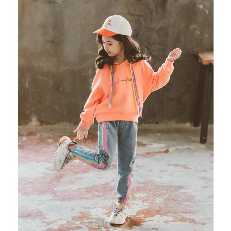 韓国子供服 セットアップ フード付きパーカー デニムパンツ 長ズボン カジュアル ナチュラル トップス