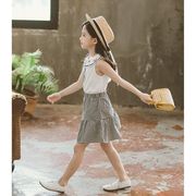 韓国子供服 ２点セット トップス+スカート チェック柄  夏 刺繍 ノースリーブ セットアップ リゾート