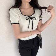 ニットトップス　Tシャツ　レディース　韓国ファッション　デザイン　リボン　バレエコア