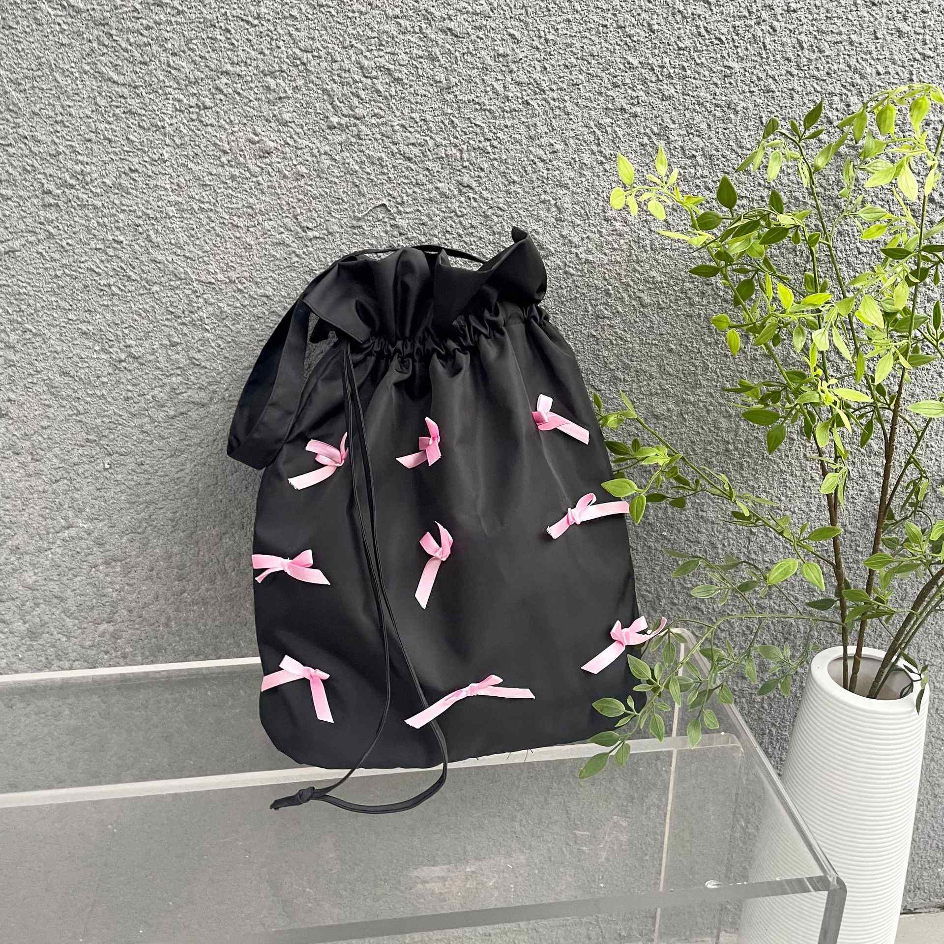 巾着トートバッグ リボンのパピヨンちゃん