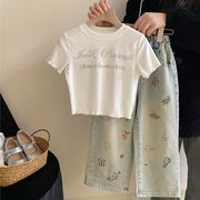韓風子供服 夏 女の子 ラインストーンアルファベット柄 半袖Tシャツ 刺繍 ジーンズ