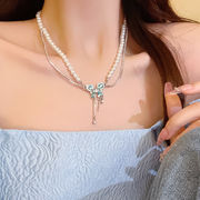 青蝶真珠ネックレス レディース 高級 二層ダイヤモンド タッセル 鎖骨チェーン アクセサリー