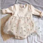 ベビーロンパース　秋　ニット　女の子　重ね着　子供　ロンパース　花付き　チュール　刺繍　66-90