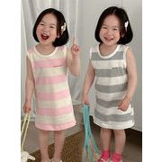 子供服　80~130cm　キッズロングTシャツ　ノースリーブボーダワンピース　韓国キッズ服
