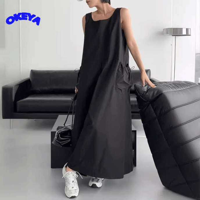 レディース服　ワンピース　ロングワンピース　カジュアル　Aラインワンピース　ポケットあり　2色展開