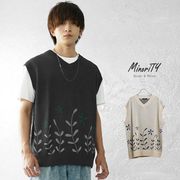 【ニットベスト】植物 にょき柄 Vネックニットベスト セーター／MinoriTY
