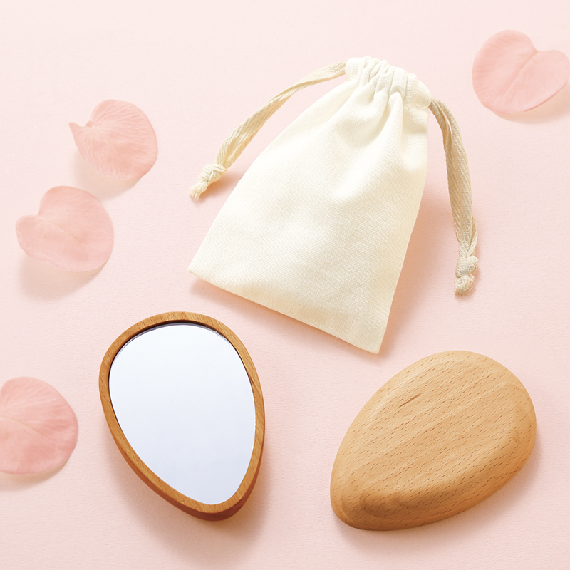 ナチュラルウッド・コンパクトミラー（巾着付き） 手鏡/オシャレ/美容