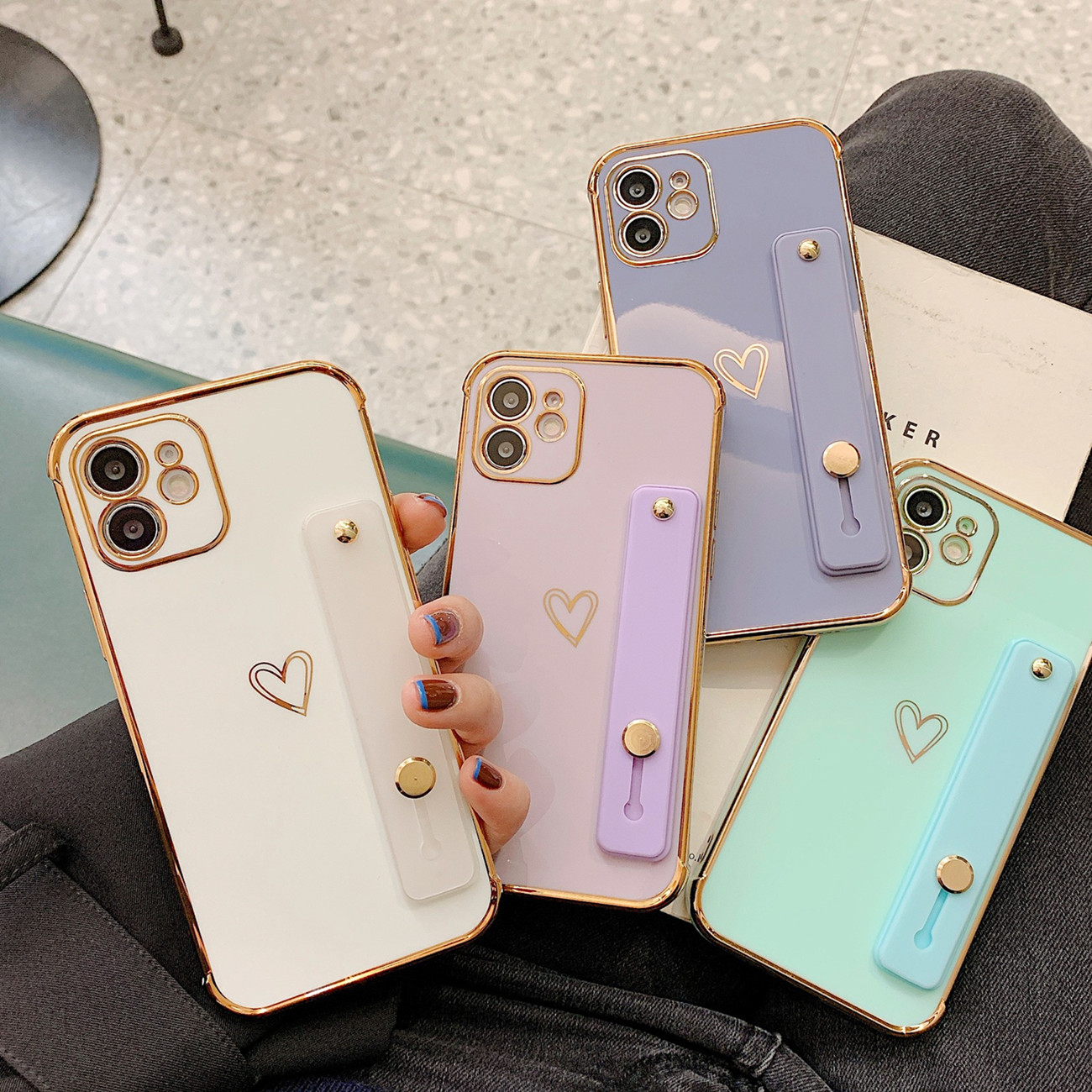メッキ加工 iPhoneケース スマホケース スタンド機能 ハート iphone15 iphone16 TPUケース ベルト付き