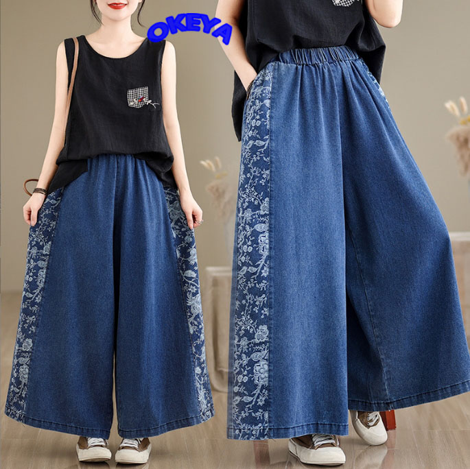 2024年秋冬新作 レディース服 スカートパンツ デニム ワイドパンツ 切り替え 九分丈 花柄 M#-2XL#