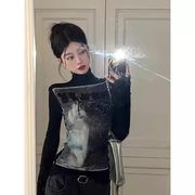 トップス カットソー ロンT Tシャツ プリント ハイネック レディース