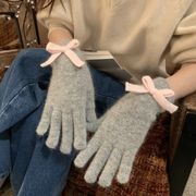 手袋 グローブ ５本指 毛糸 ニット 厚手 リボン レディース